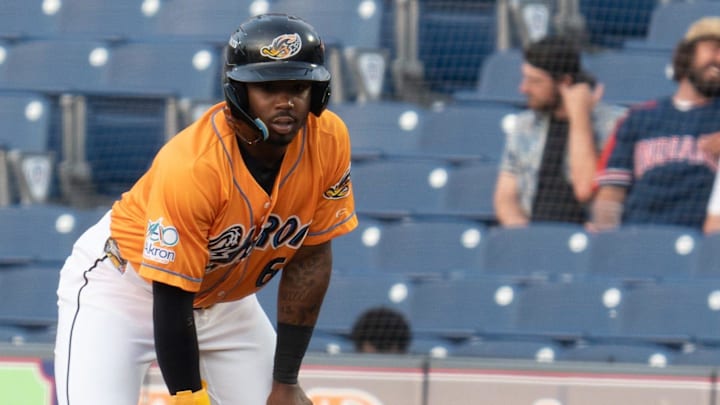 Kahlil Watson leads off of first base. Akron Rubber Ducks host Richmond Flying Squirrels on July 9 at Canal Park.