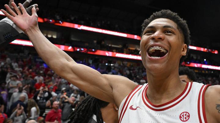 Arkansas Razorbacks guard Meleek Thomas (1) celebrates after the men's SEC Conference Tournament Championship against the Vanderbilt Commodores at Bridgestone Arena. Arkansas Razorbacks guard Meleek Thomas (1) celebrates after the men's SEC Conference Tournament Championship against the Vanderbilt Commodores at Bridgestone Arena.