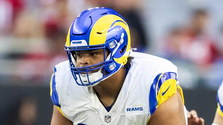 Dec 7, 2025; Glendale, Arizona, USA; Los Angeles Rams  offensive lineman Steve Avila (73) against the Arizona Cardinals at State Farm Stadium. Mandatory Credit: Mark J. Rebilas-Imagn Images