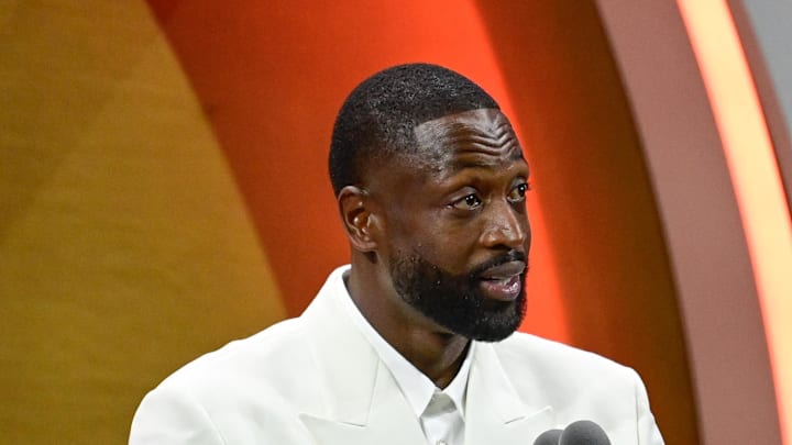 Aug 12, 2023; Springfield, MA, USA; Dwyane Wade gives his speech as he is inducted into the 2023 Basketball Hall of Fame at Symphony Hall. Mandatory Credit: Eric Canha-Imagn Images Aug 12, 2023; Springfield, MA, USA; Dwyane Wade gives his speech as he is inducted into the 2023 Basketball Hall of Fame at Symphony Hall. Mandatory Credit: Eric Canha-Imagn Images