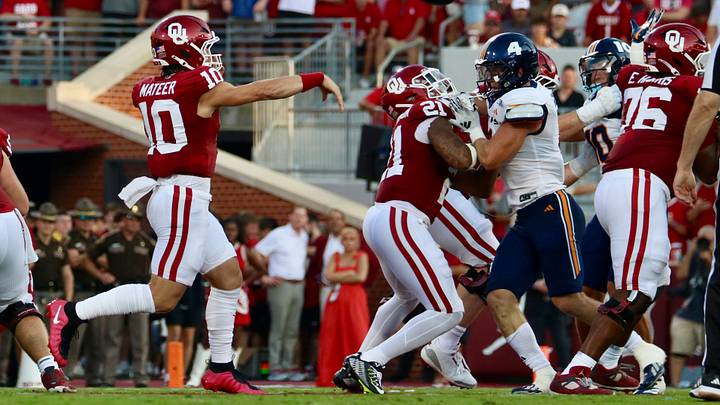 Oklahoma quarterback John Mateer passes against UTEP. Mateer and the Sooners take on Michigan on Saturday. Oklahoma quarterback John Mateer passes against UTEP. Mateer and the Sooners take on Michigan on Saturday.