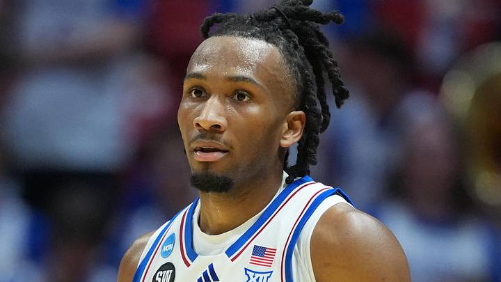 Mar 20, 2026; San Diego, CA, USA; Kansas Jayhawks guard Darryn Peterson (22) looks on in the first half against the California Baptist Lancers during a first round game of the men's 2026 NCAA Tournament at Viejas Arena. Mandatory Credit: Kirby Lee-Imagn Images Mar 20, 2026; San Diego, CA, USA; Kansas Jayhawks guard Darryn Peterson (22) looks on in the first half against the California Baptist Lancers during a first round game of the men's 2026 NCAA Tournament at Viejas Arena. Mandatory Credit: Kirby Lee-Imagn Images