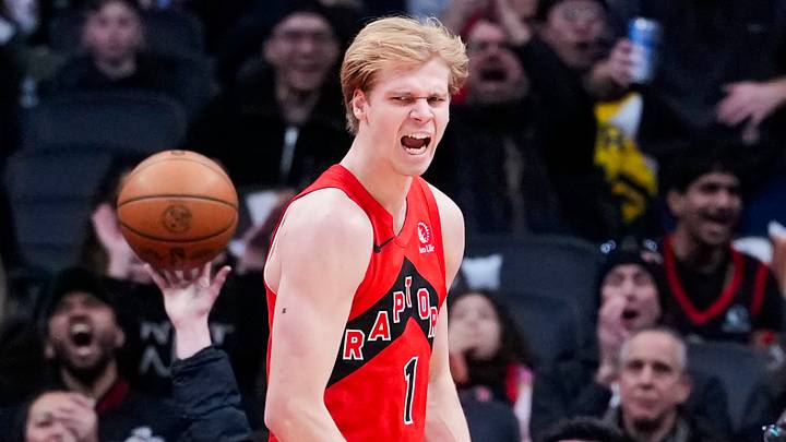 Feb 8, 2026; Toronto, Ontario, CAN;  Toronto Raptors guard Gradey Dick (1) celebrates after scoring against the Indiana Pacers during the second half at Scotiabank Arena. Mandatory Credit: Kevin Sousa-Imagn Images