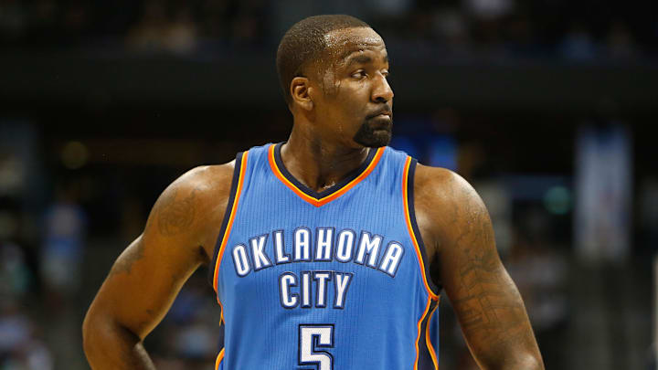 Feb 9, 2015; Denver, CO, USA; Oklahoma City Thunder center Kendrick Perkins (5) during the game against the Denver Nuggets at Pepsi Center. Mandatory Credit: Chris Humphreys-Imagn Images