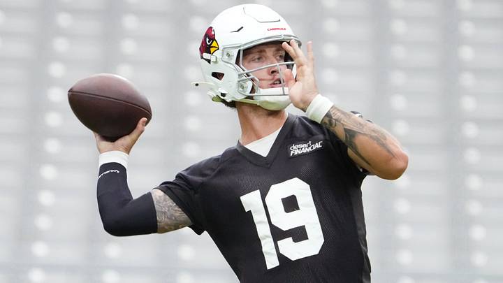 Arizona Cardinals quarterback Carson Beck (19) practices during training camp at State Farm Stadium in Glendale on July 26, 2026.