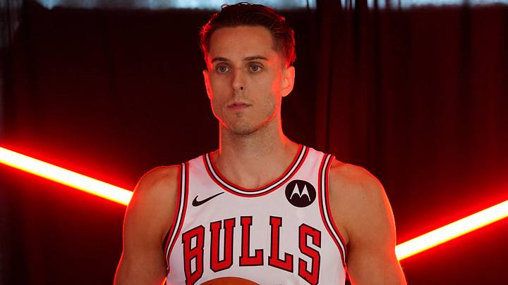 Sep 29, 2025; Chicago, IL, USA; Chicago Bulls forward Zach Collins (12) poses for photos during Chicago Bulls Media Day. Mandatory Credit: David Banks-Imagn Images