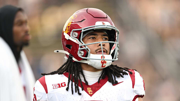 Sep 13, 2025; West Lafayette, Indiana, USA; Southern California Trojans wide receiver Makai Lemon (6) warms up before the game against the Purdue Boilermakers at Ross-Ade Stadium. Mandatory Credit: Marc Lebryk-Imagn Images