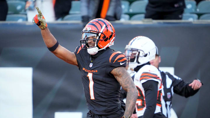 Cincinnati Bengals wide receiver Ja'Marr Chase (1) celebrates a touchdown reception in the fourth quarter of the NFL Week 16 game between the Cincinnati Bengals and the Cleveland Browns at Paycor Stadium in downtown Cincinnati on Sunday, Dec. 22, 2024. The Bengals won 24-16.