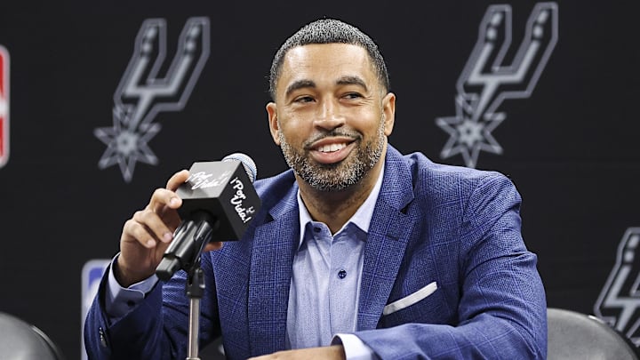 Jun 24, 2023; San Antonio, TX, USA; San Antonio Spurs general manager Brian Wright speaks at a press conference at AT&T Center. Mandatory Credit: Troy Taormina-Imagn Images