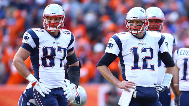 Jan 24, 2016; Denver, CO, USA; New England Patriots quarterback Tom Brady (12) and tight end Rob Gronkowski (87) against the Denver Broncos in the AFC Championship football game at Sports Authority Field at Mile High. Mandatory Credit: Mark J. Rebilas-Imagn Images Jan 24, 2016; Denver, CO, USA; New England Patriots quarterback Tom Brady (12) and tight end Rob Gronkowski (87) against the Denver Broncos in the AFC Championship football game at Sports Authority Field at Mile High. Mandatory Credit: Mark J. Rebilas-Imagn Images