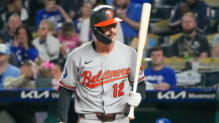 Apr 20, 2026; Kansas City, Missouri, USA; Baltimore Orioles designated hitter Dylan Beavers (12) reacts after striking out against the Kansas City Royals during the seventh inning at Kauffman Stadium. Mandatory Credit: Denny Medley-Imagn Images Apr 20, 2026; Kansas City, Missouri, USA; Baltimore Orioles designated hitter Dylan Beavers (12) reacts after striking out against the Kansas City Royals during the seventh inning at Kauffman Stadium. Mandatory Credit: Denny Medley-Imagn Images