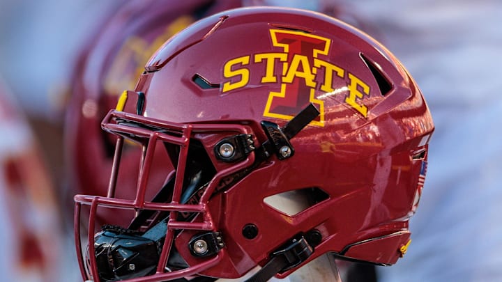 Nov 9, 2024; Kansas City, Missouri, USA; Iowa State Cyclones helmets on the bench during the first quarter against the Kansas Jayhawks at GEHA Field at Arrowhead Stadium. 