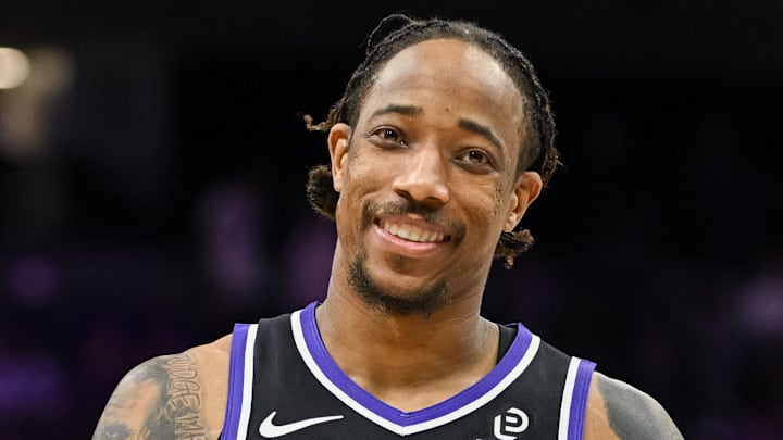 Feb 4, 2026; Sacramento, California, USA; Sacramento Kings guard/forward DeMar DeRozan (10) reacts to a call during the fourth quarter against the Memphis Grizzlies at Golden 1 Center. Mandatory Credit: Ed Szczepanski-Imagn Images
