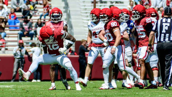Oklahoma defensive end Danny Okoye celebrates after a tackle for loss in the spring game.