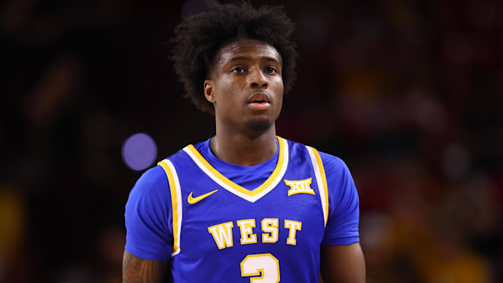 Jan 21, 2026; Tempe, Arizona, USA; West Virginia Mountaineers guard Honor Huff (3) against the Arizona State Sun Devils at Desert Financial Arena. Mandatory Credit: Mark J. Rebilas-Imagn Images