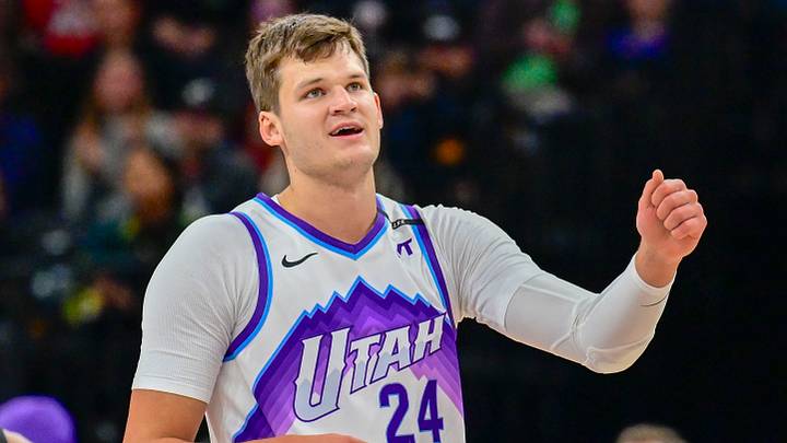 Oct 16, 2025; Salt Lake City, Utah, USA; Utah Jazz center Walker Kessler (24) smiles after making a great play during the first half against the Portland Trail Blazers at Delta Center. Mandatory Credit: Peter Creveling-Imagn Images