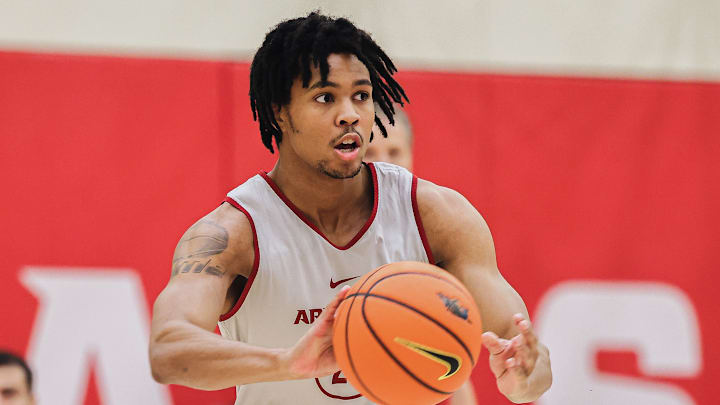 Arkansas Razorbacks guard DJ Wagner making a pass during practice at the Eddie Sutton Practice Center in Fayetteville, Ark.
