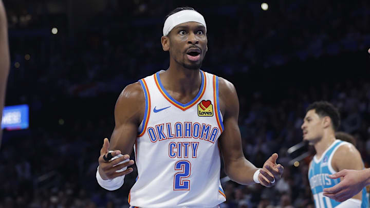 Jan 5, 2026; Oklahoma City, Oklahoma, USA; Oklahoma City Thunder guard Shai Gilgeous-Alexander (2) reacts after an official call following a play against the Charlotte Hornets during the second half at Paycom Center. Mandatory Credit: Alonzo Adams-Imagn Images