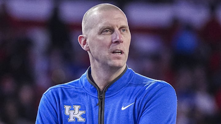 Jan 7, 2025; Athens, Georgia, USA; Kentucky Wildcats head coach Mark Pope on the sidelines against the Georgia Bulldogs during the first half at Stegeman Coliseum. Mandatory Credit: Dale Zanine-Imagn Images