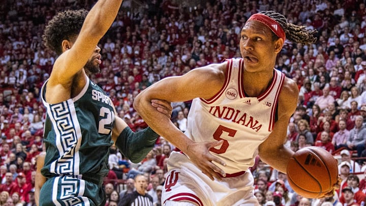 Indiana Hoosiers forward Malik Reneau (5) drives against Michigan State forward Malik Hall (25) at Simon Skjodt Assembly Hall. 