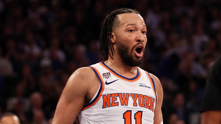 Jun 8, 2026; New York, New York, USA; New York Knicks guard Jalen Brunson (11) reacts to a foul called by referee Marc Davis (8) in the third quarter during game three of the 2026 NBA Finals against the San Antonio Spurs at Madison Square Garden. Mandatory Credit: Geoff Burke-Imagn Images Jun 8, 2026; New York, New York, USA; New York Knicks guard Jalen Brunson (11) reacts to a foul called by referee Marc Davis (8) in the third quarter during game three of the 2026 NBA Finals against the San Antonio Spurs at Madison Square Garden. Mandatory Credit: Geoff Burke-Imagn Images