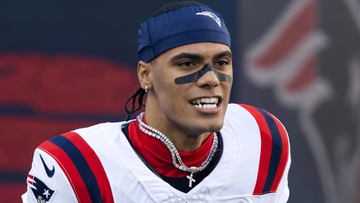 Feb 8, 2026; Santa Clara, CA, USA; New England Patriots cornerback Christian Gonzalez (0) against the Seattle Seahawks during Super Bowl LX at Levi's Stadium. Mandatory Credit: Mark J. Rebilas-Imagn Images