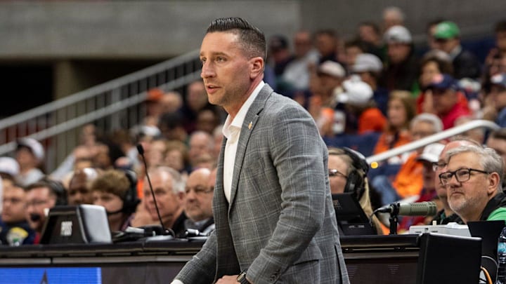 Auburn Tigers head coach Steven Pearl watches on as Auburn Tigers take on South Alabama Jaguars during the first round of the National Invitation Tournament at Neville Arena in Auburn, Ala. on Tuesday, March 17, 2026.