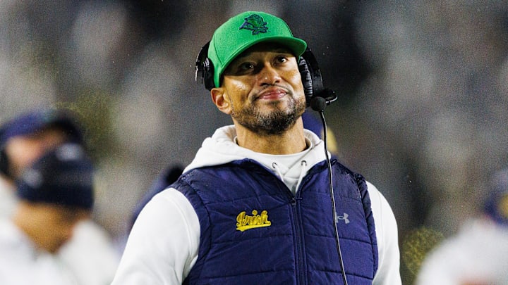 Notre Dame head coach Marcus Freeman looks on during the first half of a NCAA football game against Navy at Notre Dame Stadium on Saturday, Nov. 8, 2025, in South Bend.