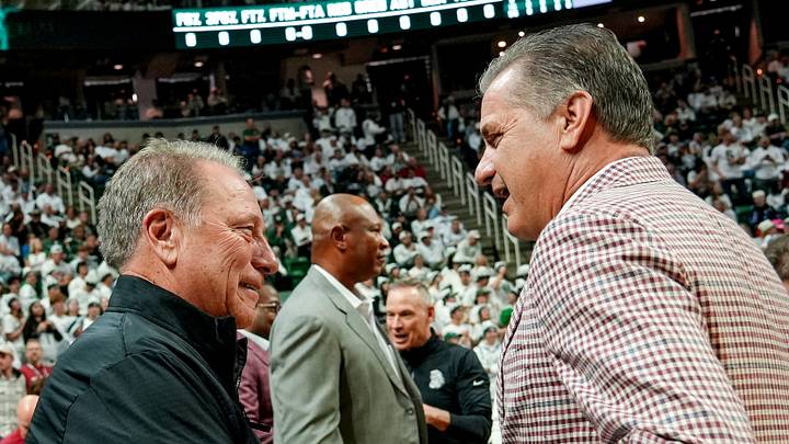 Michigan State's coach Tom Izzo, left, and Arkansas' head coach John Calipari meet before the game on Saturday, Nov. 8, 2025, at the Breslin Center in East Lansing. Michigan State's coach Tom Izzo, left, and Arkansas' head coach John Calipari meet before the game on Saturday, Nov. 8, 2025, at the Breslin Center in East Lansing.