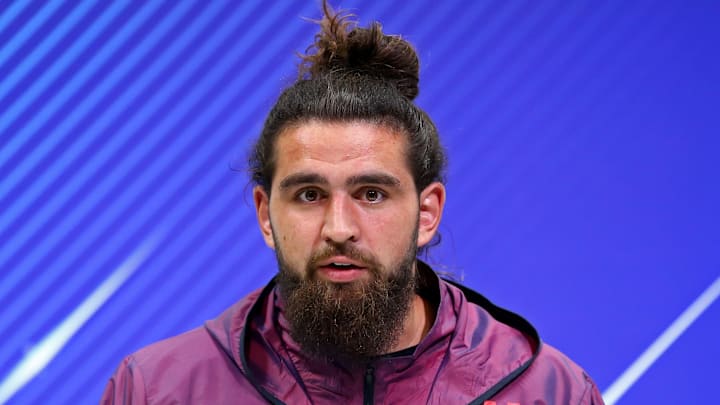 Mar 2, 2018; Indianapolis, IN, USA; Central Michigan Chippewas tight end Tyler Conklin (TE04) speaks with media during the NFL Combine at the Indianapolis Convention Center. Mandatory Credit: Aaron Doster-Imagn Images