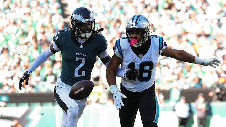 Oct 18, 2026; Philadelphia, Pennsylvania, USA; Philadelphia Eagles cornerback Riq Woolen (2) defends a pass attempt to Carolina Panthers wide receiver Jalen Coker (18) during the third quarter at Lincoln Financial Field. Mandatory Credit: Bill Streicher-Imagn Images Oct 18, 2026; Philadelphia, Pennsylvania, USA; Philadelphia Eagles cornerback Riq Woolen (2) defends a pass attempt to Carolina Panthers wide receiver Jalen Coker (18) during the third quarter at Lincoln Financial Field. Mandatory Credit: Bill Streicher-Imagn Images