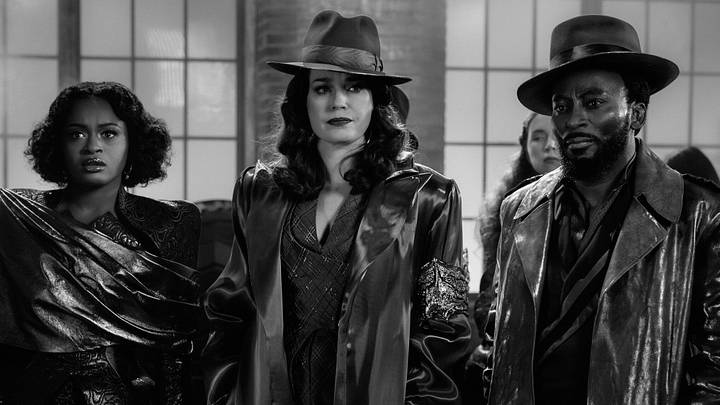 (L-R): Celia Rose Gooding as Uhura, Rebecca Romijn as Una, and Babs Olusanmokun as Dr. M’Benga in season 4, episode 4, of Star Trek: Strange New Worlds streaming on Paramount+, 2026. Photo Credit: Jan Thijs/Paramount+