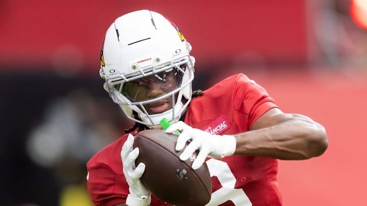 Jul 29, 2025; Glendale, AZ, USA; Arizona Cardinals wide receiver Marvin Harrison Jr. (18) during training camp at State Farm Stadium. Mandatory Credit: Mark J. Rebilas-Imagn Images