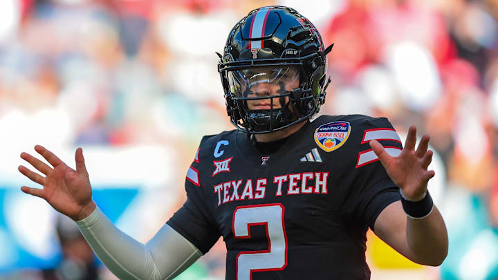 Texas Tech Red Raiders quarterback Behren Morton (2) looks to the sidelines against the Oregon Ducks during the first half of the 2025 Orange Bowl and quarterfinal game of the College Football Playoff at Hard Rock Stadium.