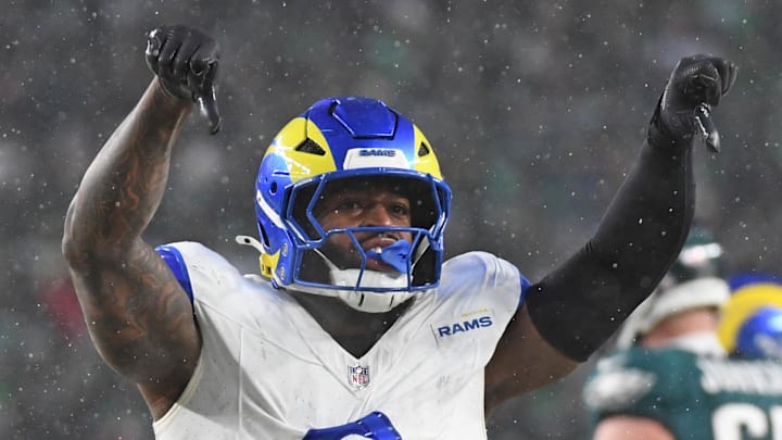 Jan 19, 2025; Philadelphia, Pennsylvania, USA; Los Angeles Rams linebacker Jared Verse (8) reacts after a play against the Philadelphia Eagles in a 2025 NFC divisional round game at Lincoln Financial Field. Mandatory Credit: Eric Hartline-Imagn Images