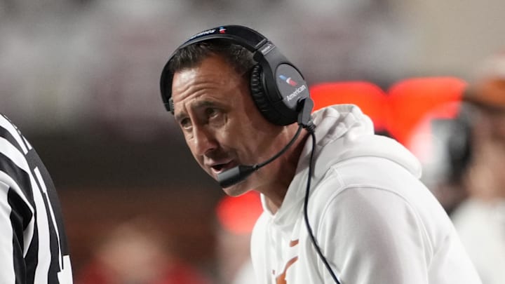 Nov 28, 2025; Austin, Texas, USA; Head coach Steve Sarkisian argues with an official during the second half against the Texas A&M Aggies at Darrell K Royal-Texas Memorial Stadium. Mandatory Credit: Scott Wachter-Imagn Images