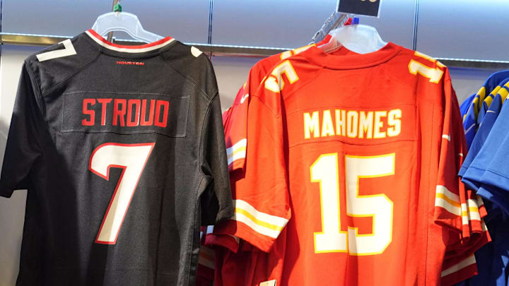 Oct 17, 2024; London, United Kingdom; 
The jerseys of Dallas Cowboys quarterback Dak Prescott (4), Detroit Lions quarterback Jared Goff (16), Houston Texans quarterback CJ Stroud (7), Kansas City Chiefs quarterback Patrick Mahomes (15), Los Angeles Rams quarterback Matthew Stafford (9), Denver Broncos cornerback Patrick Surtain II (2), Green Bay Packers quarterback Jordan Love (10), Indianapolis Colts running back Jonathan Taylor (28), Los Angeles Chargers quarterback Justin Herbert (10) and