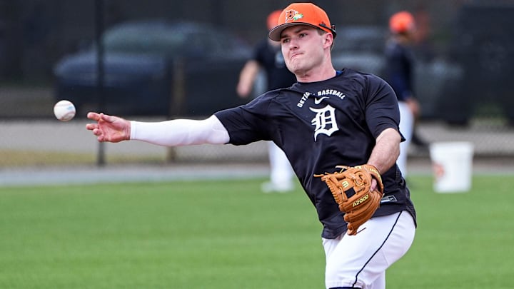Detroit Tigers infielder Kevin McGonigle practices during spring training. Detroit Tigers infielder Kevin McGonigle practices during spring training.