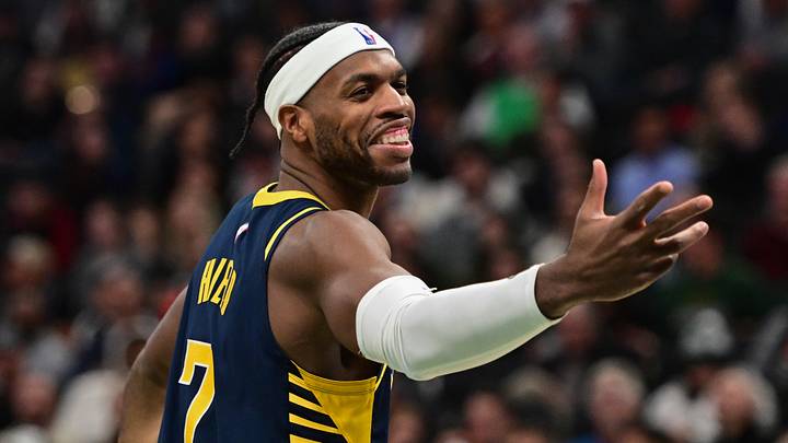 Dec 13, 2023; Milwaukee, Wisconsin, USA; Indiana Pacers center Buddy Hield (7) reacts to the crowd in the fourth quarter against the Milwaukee Bucks at Fiserv Forum. Mandatory Credit: Benny Sieu-USA TODAY Sports