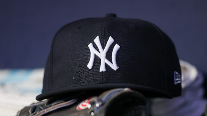 A detailed view of a New York Yankees hat