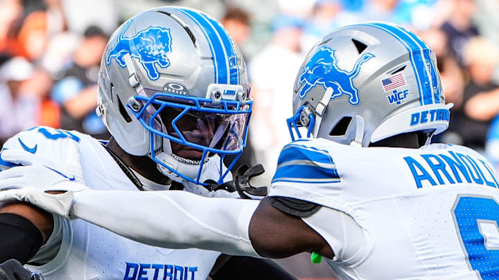 Detroit Lions cornerback Rock Ya-Sin (23) and cornerback Terrion Arnold (6) warm up ahead of Bengals game