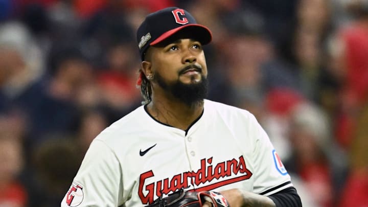 Oct 18, 2024; Cleveland, Ohio, USA; Cleveland Guardians pitcher Emmanuel Clase (48) reacts in the ninth inning against the New York Yankees during game four of the ALCS for the 2024 MLB playoffs at Progressive Field. Mandatory Credit: Ken Blaze-Imagn Images