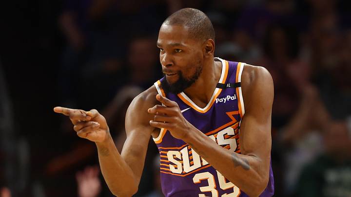 Phoenix, Arizona, USA; Phoenix Suns forward Kevin Durant (35) reacts against the Milwaukee Bucks at Footprint Center on Mar 24, 2025.