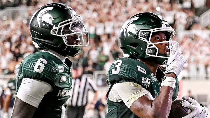 Michigan State’s Rodney Bullard Jr., right, celebrates his touchdown catch with Fredrick Moore during the fourth quarter against Toledo on Friday, Sept. 4, 2026, at Spartan Stadium in East Lansing. Michigan State’s Rodney Bullard Jr., right, celebrates his touchdown catch with Fredrick Moore during the fourth quarter against Toledo on Friday, Sept. 4, 2026, at Spartan Stadium in East Lansing.
