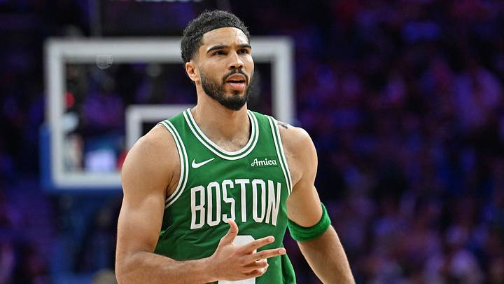 Apr 24, 2026; Philadelphia, Pennsylvania, USA; Boston Celtics forward Jayson Tatum (0) reacts after a three point basket against the Philadelphia 76ers during the second half at Xfinity Mobile Arena. Mandatory Credit: Eric Hartline-Imagn Images Apr 24, 2026; Philadelphia, Pennsylvania, USA; Boston Celtics forward Jayson Tatum (0) reacts after a three point basket against the Philadelphia 76ers during the second half at Xfinity Mobile Arena. Mandatory Credit: Eric Hartline-Imagn Images