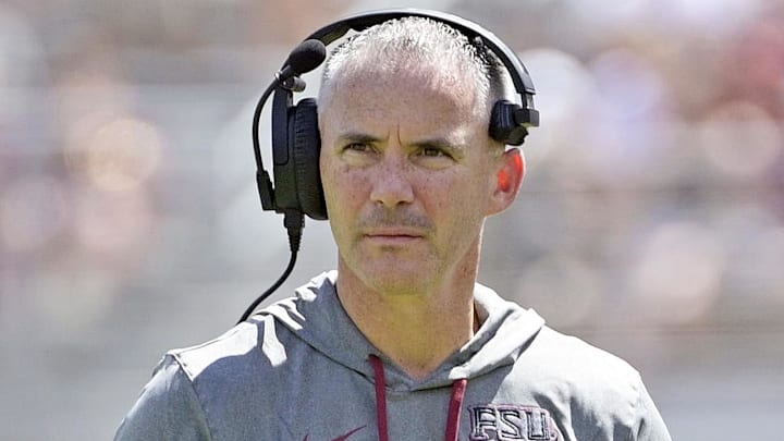 Sep 14, 2024; Tallahassee, Florida, USA; Florida State Seminoles head coach Mike Norvell looks on during the first half against the Memphis Tigers at Doak S. Campbell Stadium. Mandatory Credit: Melina Myers-Imagn Images