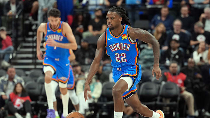 Nov 4, 2025; Inglewood, California, USA; Oklahoma City Thunder guard Cason Wallace (22) dribbles the ball against the LA Clippers in the second half at Intuit Dome. Mandatory Credit: Kirby Lee-Imagn Images