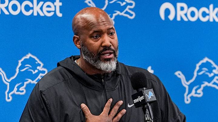 Detroit Lions executive vice president and general manager Brad Holmes speaks during media availability Detroit Lions executive vice president and general manager Brad Holmes speaks during media availability