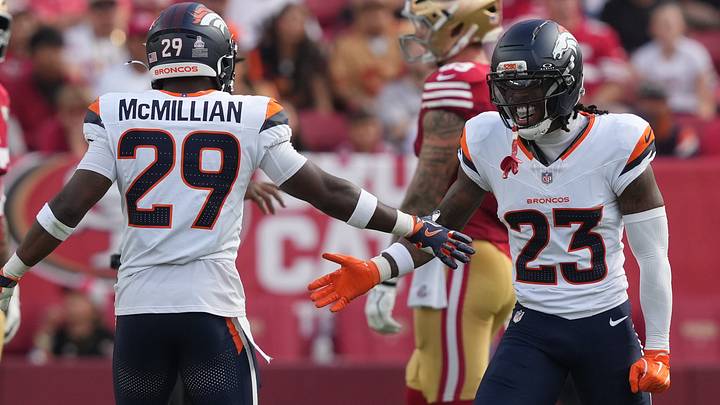 Oct 4, 2026; Santa Clara, California, USA; Denver Broncos cornerback Ja'Quan McMillian (29) and cornerback Jahdae Barron (23) celebrate a defensive play against the San Francisco 49ers during the first half at Levi's Stadium. Oct 4, 2026; Santa Clara, California, USA; Denver Broncos cornerback Ja'Quan McMillian (29) and cornerback Jahdae Barron (23) celebrate a defensive play against the San Francisco 49ers during the first half at Levi's Stadium.