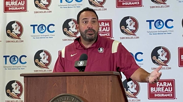 Florida State special teams coordinator John Papuchis speaks to media on August 28, 2023.